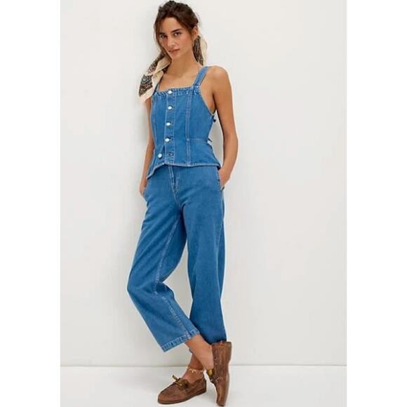 NEW Free People We The Free Hazel Denim Jumpsuit Size Small Vacation Mode Blue - Picture 2 of 10